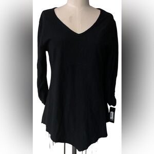 Style & Co Petite PM Deep Black V-Neck Handkerchief-Hem Top, Cotton/linen